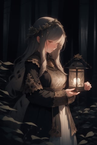 deep forest, aesthetic, (crhistmas feilds), moonlight, film lighting, high_resolution, (high_quality), best quality, figure holding a lantern, anbient lighting, long_sleeves, hair_past_waist, pauldron 