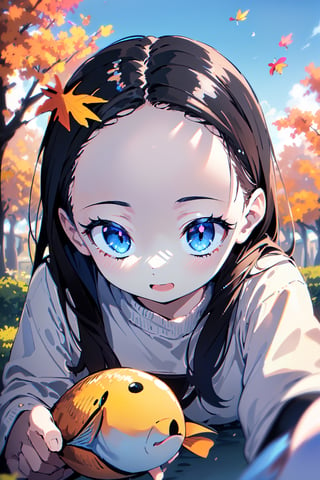 (masterpiece, absurdres, highres, ultra detailed:1.2), cute illustration, kawaii, (fuwafuwa ilustration:1.4),
BREAK
1 girl, (forehead:1.5), Under a tree with autumn leaves and a blue sky, looking up, (cute fish;1.2) flying in the sky