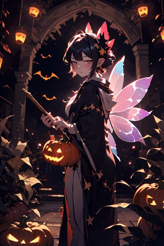 absurdres, highres, ultra detailed background,
(1 girl:1.3), black robe, star stick, halloween pumpkin,fairy