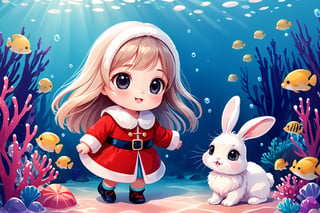 American fuzzy lop rabbit 1 little girl, happy, cute illustration, kawaii illustration , aesthetic background, Santa style, under the sea, soft focus