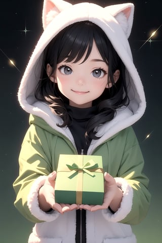 1 little girl wearing a white fluffy hooded coat smiles with a green gift box, twinkle star background,Cute girl