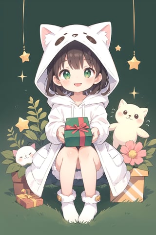 1 little girl wearing a white fluffy hooded coat smiles with a green gift box, twinkle star background,Cute girl