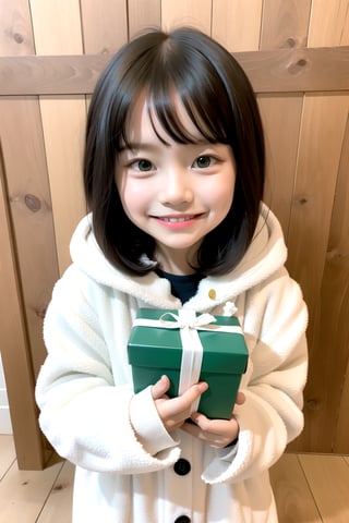 1 little girl wearing a white fluffy hooded coat smiles with a green gift box, black long hair, straight hair, wooden floor, stone wall