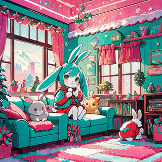 Santa‘s Retro 80s-90s Style Home ,American fuzzy lop rabbit, cute illustration, huwahuwa illustration , aesthetic background , Hatsune Miku style