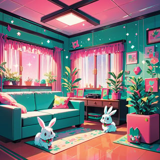 Santa‘s Retro 80s-90s Style Home ,American fuzzy lop rabbit, no human, cute illustration, huwahuwa illustration , simple background , Hatsune Miku style, aesthetic, film lighting