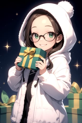 1 little girl wearing a white fluffy hooded coat smiles with a green gift box, twinkle star background, eyewear, forehead