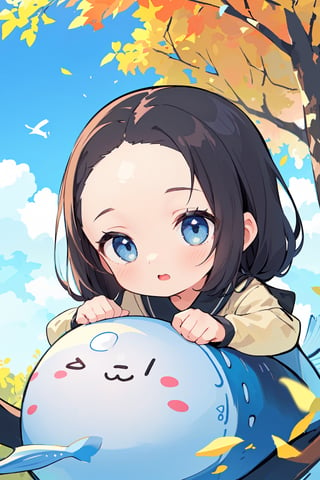 (masterpiece, absurdres, highres, ultra detailed:1.2), cute illustration, kawaii, (fuwafuwa ilustration:1.4),
BREAK
1 girl, (forehead:1.5), Under a tree with autumn leaves and a blue sky, looking up, (cute fish;1.2) flying in the sky