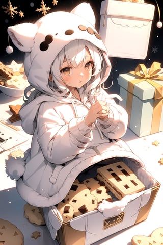 childish musical note background, 1 little girl, (White fluffy hoodie coat:1.3), Christmas, dynamic angle,box made of cookies