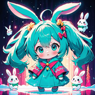 American fuzzy lop rabbit, no human, cute illustration, huwahuwa illustration , simple background , Hatsune Miku style, aesthetic, film lighting, Santa‘s Retro 80s-90s Style Home