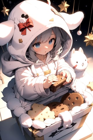 childish musical note background, 1 little girl, (White fluffy hoodie coat:1.3), Christmas, dynamic angle,box made of cookies