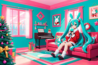 Santa‘s Retro 80s-90s Style Home ,American fuzzy lop rabbit, cute illustration, huwahuwa illustration , aesthetic background , Hatsune Miku style