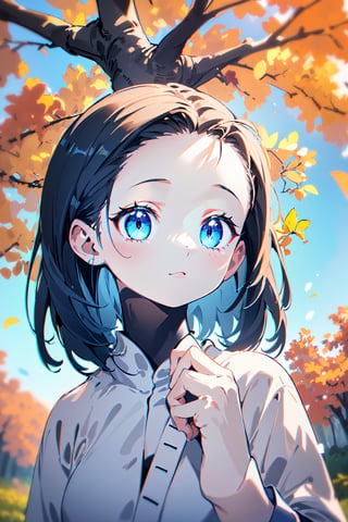 (masterpiece, absurdres, highres, ultra detailed:1.2), cute illustration, kawaii, (fuwafuwa ilustration:1.4),
BREAK
1 girl, (forehead:1.5), Under a tree with autumn leaves and a blue sky, looking up, (cute fish;1.2) flying in the sky