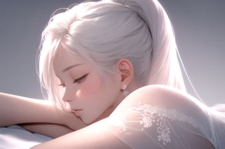 masterpiece, best quality, extremely detailed, Female profile, Delicate features, Serene expression, Slightly sleepy eyes, Soft skin texture, Ear visible, White attire, Subtle gradient background, High resolution, Realistic rendering, on the bed