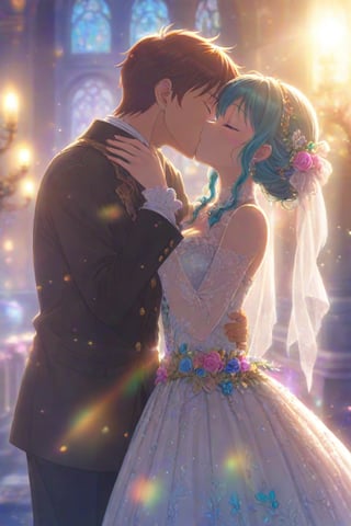 Wedding kiss. Best quality score_9 with intricately detailed lighting and very aesthetic vivid colors in an anime style.