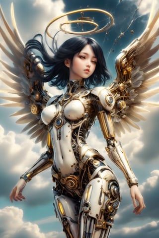 DonMSt34mPXL. A beautiful mechanical angel with black hair and filmy glowing wings. It is floating in the sky displaying holy grace and power. Full body shot with a cloudy background and heavenly radiance. Best quality, with insane detail in an anime style.
