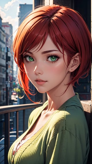 a mature woman with a beautiful face and and detailed, green eyes,  red pixie hair, cardigan, anime art, 2D, 4k, hi res, full_portrait, line art, cityscape