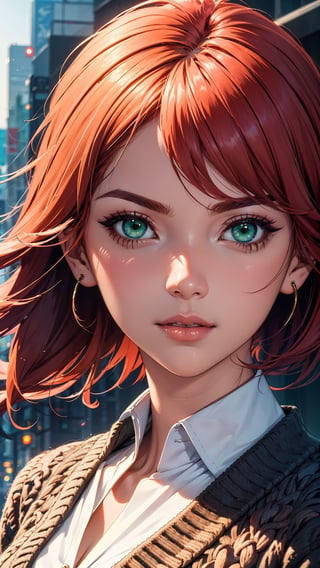 a mature woman with a beautiful face and and detailed, green eyes,  red pixie hair, cardigan, anime art, 2D, 4k, hi res, full_portrait, line art, cityscape