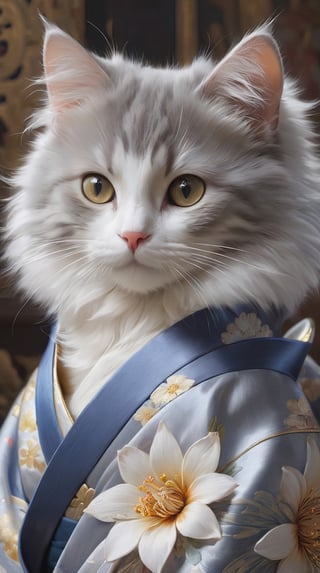 a gray and white cat wearing a kimono, ash thorp, highly detailed oil-painting, flower goddess, trending on artforum, serge marshennikov, blu ray cover usa, gorgeous digital art, ((a beautiful fantasy empress)), featured in art magazine