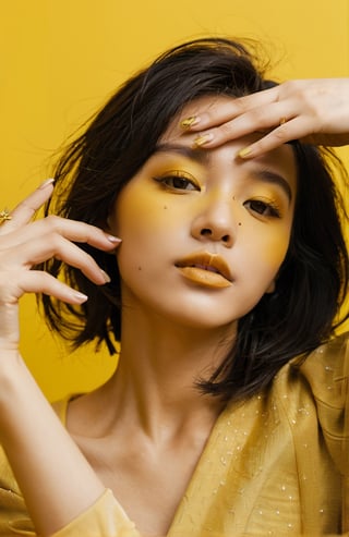 xxmixgirl,a woman in golden is posing on a yellow background, in the style of realistic fantasy artwork, hyper-realistic