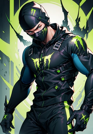 A ninja warrior in a battle suit with green neon light and the monster energy logo