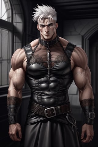 Muscular boy, big body, marked jaw, white hair, perverted look, egocentric,gothic dress,Des3rt4rmor