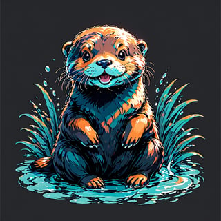 water, otter ,happy, black background, pro vector, full design, solid colors, no shadows, full design, isometric, sticker, pastel colors, tshirt design,more detail, Leonardo Style,tshirt design,vector art illustration,Leonardo Style,Flat vector art