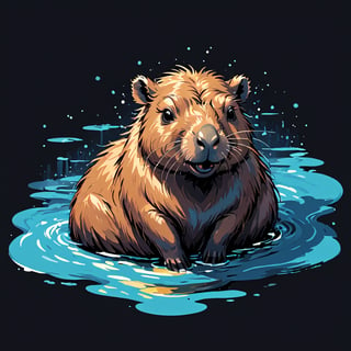 hot springs, water ripples, capybara, happy, black background, pro vector, full design, solid colors, no shadows, full design, isometric, sticker, pastel colors, tshirt design,more detail, Leonardo Style,tshirt design,vector art illustration,Leonardo Style,Flat vector art,T-shirt design illustration