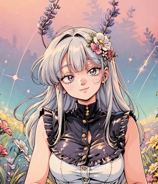 1girl, sparkly eyes, light eyes, beautiful, looking at viewer, smile, closed mouth, pink lips, long hair, straight hair, floral, lavender field, flower_in_hair, flower field, retro aesthetic, retro anime, 1990s (style),FFIXBG,lofi artstyle, detailed, perfect, lofi,perfect,ASU1, full_body_portrait, fully_clothed