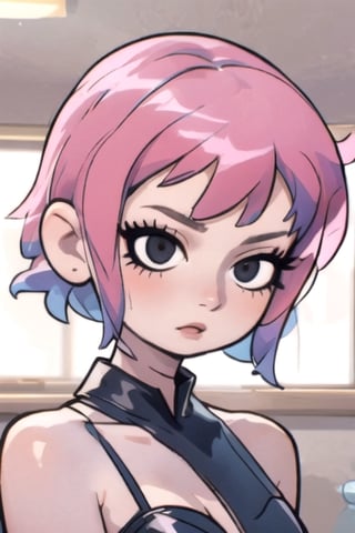 Ramona_Flowers, short hair, black eyes, 1girl,  solo,  mouth closed,  1girl, monochrome, scottpilgrimvstheworld,  short hair, black dress,spaghetti straps, ASU1