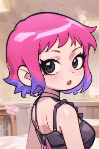 Ramona_Flowers, short hair, black eyes, 1girl,  solo,  mouth closed,  1girl, monochrome, scottpilgrimvstheworld,  short hair, black dress,spaghetti straps, ASU1