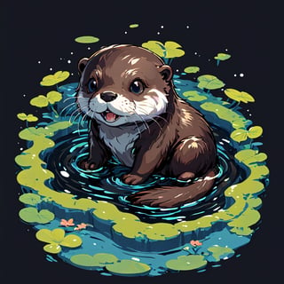 pond water, water ripples, otter ,happy, black background, pro vector, full design, solid colors, no shadows, full design, isometric, sticker, pastel colors, tshirt design,more detail, Leonardo Style,tshirt design,vector art illustration,Leonardo Style,Flat vector art,T-shirt design illustration