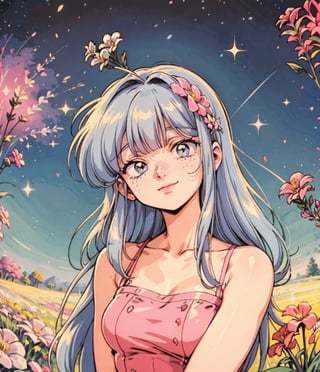 1girl, sparkly eyes, light eyes, beautiful, looking at viewer, smile, closed mouth, pink lips, long hair, straight hair, floral, lavender field, flower_in_hair, flower field, retro aesthetic, retro anime, 1990s (style),FFIXBG,lofi artstyle, detailed, perfect, lofi,perfect,ASU1, full_body_portrait, clothed