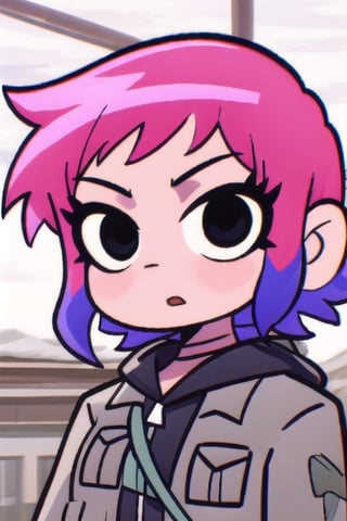 Ramona_Flowers,short hair,black eyes,1girl, solo, mouth closed, grey jacket,closeup, 1girl,monochrome,scottpilgrimvstheworld, short hair