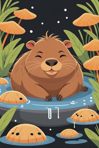 Colorful, flat vector, black background , (((chibi))), creative, capybara, sleeping in hot springs, blank_background, cartoon,Flat Design, 2d,Leonardo Style,flat design