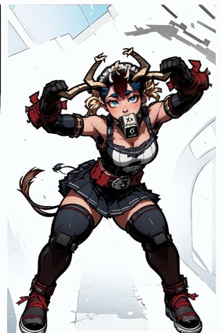 (18 year old girl:1.1),  (Extra thicc body:1.1),  (Dark skin:1.1),  medium breasts,  thick thighs,  (medium muscles:1.1),  (thick outlines:1.1),  Pin up pose,  (black maid outfit fused with a Mexican wrestler:1.1),  medium skirt,  showing a little black panties , ( long blue latex stockings:1.1),  (((blue latex sleeves))),  (((white knee and elbow pads:1.1))),  (((wearing a hero eyemask:1.1))),  (((with two big bull horns on the sides of her head:1.7))), (Cow belt choker:1.5), (Long hair:1), (two ponytails:2),  (((brown hair with blue highlights:1))),  (long blue fighting boots:1.1),  ((( blue kick boxing fingerless gloves:1.1))),  full body figure,  3 perspective,  purple eyes,  (((dark blue dress))),  black,  white and gold,  photorealistic, ( perfect hands:1.1),  masterpiece:1.2, ( detailed face:1.1), (Background Tijuana Gym arcade neon:1), (background arcade and Gym) Sandbags are  x men centinels robots, Add more detail, sexy pose, stand pose, 1girl, ,yofukashi background