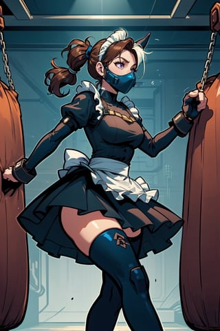 (18 year old girl:1.1),  (Extra thicc body:1.1),  (Dark skin:1.1),  medium breasts,  thick thighs,  (medium muscles:1.1),  (thick outlines:1.1),  walk pose,  (black maid outfit fused with a Mexican wrestler:1.1),  medium skirt,  showing a little black panties , ( long blue latex stockings:1.1),  (((blue latex sleeves))),  (((white knee and elbow pads:1.1))),  (((wearing a hero eyemask:1.1))),  (((with two big bull horns on the sides of her head:1.1))),  (Long hair:1), (two ponytails:2),  (((brown hair with blue highlights:1))),  (long blue fighting boots:1.1),  ((( blue kick boxing fingerless gloves:1.1))),  full body figure,  3 perspective,  purple eyes,  (((dark blue dress))),  black,  white and gold,  photorealistic, ( perfect hands:1.1),  masterpiece:1.2, ( detailed face:1.1), (Background Tijuana Gym arcade neon:1), (background arcade and Gym) Sandbags are  x men centinels robots, Add more detail,Nobara,lilyms,igawasakura,eft_jjk_nobara,hanging sandbag,ShinobuKochou_NDV,1girl,symbiote, short hair,animal ears