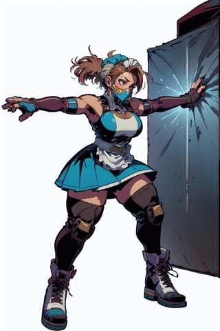 (18 year old girl:1.1),  (Extra thicc body:1.1),  (Brown skin with vitiligo:1.1),  medium breasts,  thick thighs,  (medium muscles:1.1),  (thick outlines:1.1),  walk pose,  (black maid outfit fused with a Mexican wrestler:1.1),  medium skirt,  showing a little black panties , ( long blue latex stockings:1.1),  (((blue latex sleeves))),  (((white knee and elbow pads:1.1))),  (((wearing a hero eyemask:1.1))),  (((with two big bull horns on the sides of her head:1.1))),  two ponytails,  (((brown hair with blue highlights:1))),  (long blue fighting boots:1.1),  ((( blue kick boxing fingerless gloves:1.1))),  full body figure,  3 perspective,  purple eyes,  (((dark blue dress))),  black,  white and gold,  photorealistic, ( perfect hands:1.1),  masterpiece:1.2, ( detailed face:1.1), (Background Tijuana Gym arcade neon:1), Sandbags are  x men centinels robots, Add more detail,Nobara,lilyms,igawasakura,eft_jjk_nobara,hanging sandbag,ShinobuKochou_NDV,1girl,miami_vice_arcade_retreat