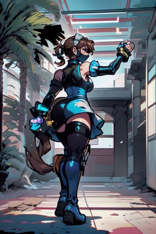 (18 year old girl:1.1),  (Extra thicc body:1.1),  (Dark skin:1.1),  medium breasts,  thick thighs,  (medium muscles:1.1),  (thick outlines:1.1),  walk pose,  (black maid outfit fused with a Mexican wrestler:1.1),  medium skirt,  showing a little black panties , ( long blue latex stockings:1.1),  (((blue latex sleeves))),  (((white knee and elbow pads:1.1))),  (((wearing a hero eyemask:1.1))),  (((with two big bull horns on the sides of her head:1.1))),  (Long hair:1), (two ponytails:2),  (((brown hair with blue highlights:1))),  (long blue fighting boots:1.1),  ((( blue kick boxing fingerless gloves:1.1))),  full body figure,  3 perspective,  purple eyes,  (((dark blue dress))),  black,  white and gold,  photorealistic, ( perfect hands:1.1),  masterpiece:1.2, ( detailed face:1.1), (Background Tijuana Gym arcade neon:1), Sandbags are  x men centinels robots, Add more detail,Nobara,lilyms,igawasakura,eft_jjk_nobara,hanging sandbag,ShinobuKochou_NDV,1girl,symbiote, short hair,miami_vice_arcade_retreat