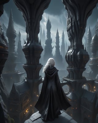 ultra detailed,  masterpiece,  best quality,  elegant,  4k,  highly detailed, the girl is standing on top of a futuristic building, her back is to the camera and she is looking towards the streets of the city, she is wearing a floor-length black leather cloak, she has long white hair, her face is not visible, her arms are outstretched, the streets of the city are full of soldiers ready for war