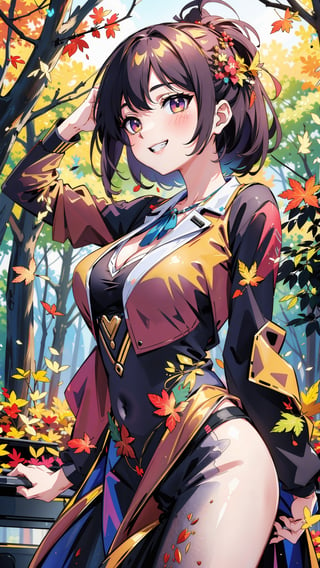 In a September forest where autumn leaves fall, a woman dances gracefully. Surrounding her, there stands a grand piano and various orchestral instruments

BREAK

(masterpiece, best quality, highres:1.3), ultra resolution image, grin,kaede,High detailed ,colorful_girl_v2