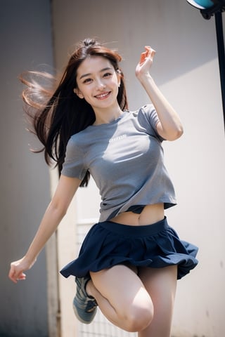 1woman, jumping dance , solo, flying long hair, looking at viewer, smile, simple background, white background, blue and white sports clothes and skirt, soft light, studio light

 (RAW Photo, Best Quality), (HDR: 1.4), 16K, Best Quality, Masterpiece, (Soft Color, Dull Color, Soothing Color tone: 0), fine details and textures, theater lens, wide-angle lens, warm color tone, natural field of view ratio, (gorgeous battlefield theme: 1.6), beauty, (chic appearance: 1.2),Extremely Realistic,