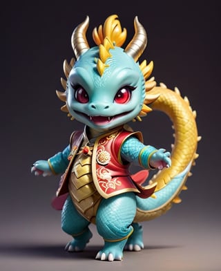  (((dancing)))
Laugh, be happy, smile showing teeth
((cute eyes)) ((round eyes)) (((chubby dragon)))
Chibi light blue and light gold Chinese dragon with golden horns, Chinese dragon head, 
Red and gold cheongsam vest, yellow eyes  
minimalist design, BIG EYES,BIG Anime EYES,CHIBI, Q version