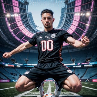 the cover of a new tv show in shanghai, 1 handsome men, Shot Soccer Jump, Germany Male Soccer Players, vasco jersey, inspired by breakdance photography, weathercore and hikecore aesthetics,perfect,better_hands,retrowavetech
