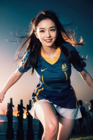 1woman, running forward pose, solo, flying long hair, looking at viewer, smile, simple background, white background, blue and white sports clothes and skirt, soft light, studio light

 (RAW Photo, Best Quality), (HDR: 1.4), 16K, Best Quality, Masterpiece, (Vivid Color: 1.4), High Contrast, (Vivid Color: 1.3), (Soft Color, Dull Color, Soothing Color tone: 0), theater lighting, ambient light, fine details and textures, theater lens, wide-angle lens, warm color tone, (bright and intense: 1.2), natural field of view ratio, (gorgeous battlefield theme: 1.6), beauty, (chic appearance: 1.2),Extremely Realistic,