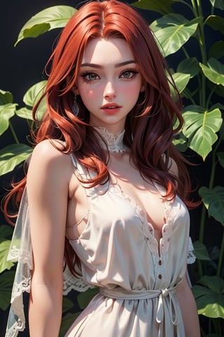 ((Plants background)), beautiful Russian girl posing, (30 year old Russian girl),((Beautiful bright redhead hair)), sexy body, small breasts, {{{Masterpiece}}}, {{ {Best quality}}}, {{{High Resolutions}}}, {cinematic lighting}, Model body type, Detailed skin, realistic, different poses, kristinapimenova, (very longhair), redhead, realistic face, seductive, lace very short dress, beige dress with indu details, taaarannn