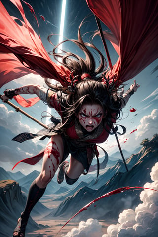 1girl, blood on face, angry, holding spear, flying, Chinese mythology, cloudy, detailed sky, abstract background