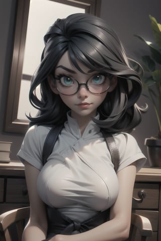 (masterpiece), (best quality), 1girls, solo_female, Long black hai, wearing glasses, sitting at desk, looking at viewer, big green eyes, (((braless))), (((exposed breast))), small breast, shy volumetric lighting, vibrant, reflection in mirror,  ,alluring_lolita_girl,3DMM
