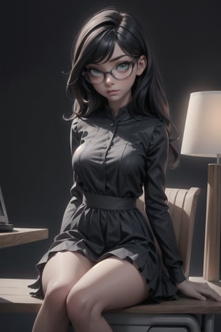 (masterpiece), (best quality), 1girls, solo_female, Long black hai, wearing glasses, sitting at desk, looking at viewer, big green eyes, (((braless))), (((exposed breast))), small breast, shy volumetric lighting, vibrant, reflection in mirror,  ,alluring_lolita_girl,3DMM