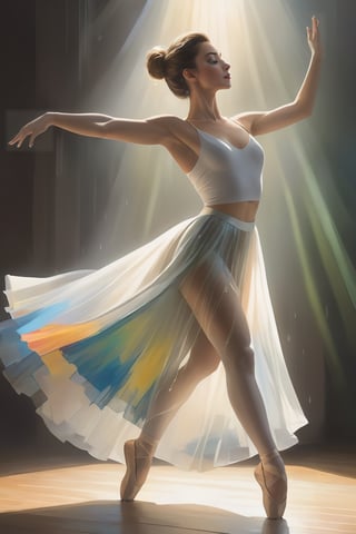 an image of a beautiful young female, mid 20s, dancing ballet, wearing a long transparent flowing skirt, sheer skirt, halter top, dynamic lighting, vibrant, extremely detailed, ultra realistic, 10k high resolution, samdoesart,dripping paint