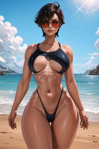 shaunavayne, 1girl, short hair, pixie cut hair, sunglasses, round_eyewear, frown, smile, dark blue swimsuit, shiny clothes, breasts apart, navel, muscular abdomen, toned, thick thighs, walking, wet, (masterpiece:1.2), (best quality), (ultra detailed), (8k, 4k, intricate), (highly detailed:1.2), (detailed face:1.2), (detailed background), beach, sea, sunlight, a woman walking on a beach day, looking_at_viewer, cameltoe, nsfw. sling bikini, dynamic angle, dynamic pose